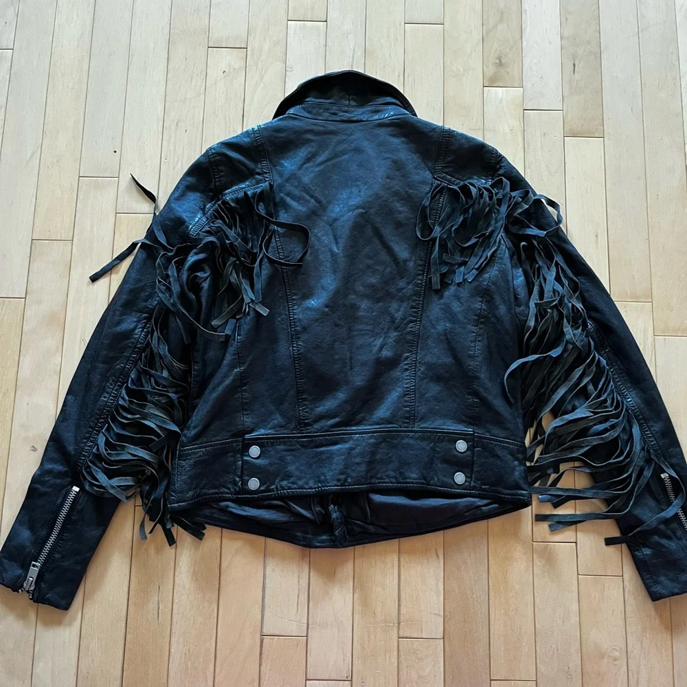 Mauritius (purchased online from Free People) Black Leather Zoey Fringe Jacket - Picture 13 of 14
